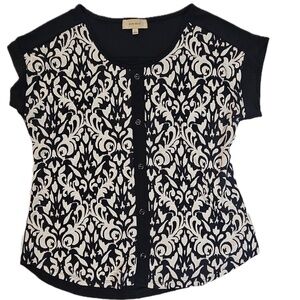 Diana Belle Shirt Womens Large Black White‎ Scroll Print Button Front Top Blouse